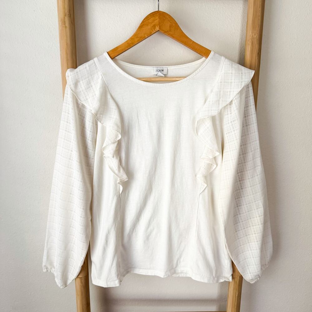 J.Crew Off White Cream Ruffle Long Sleeve Top Medium Textured Plaid Blouse